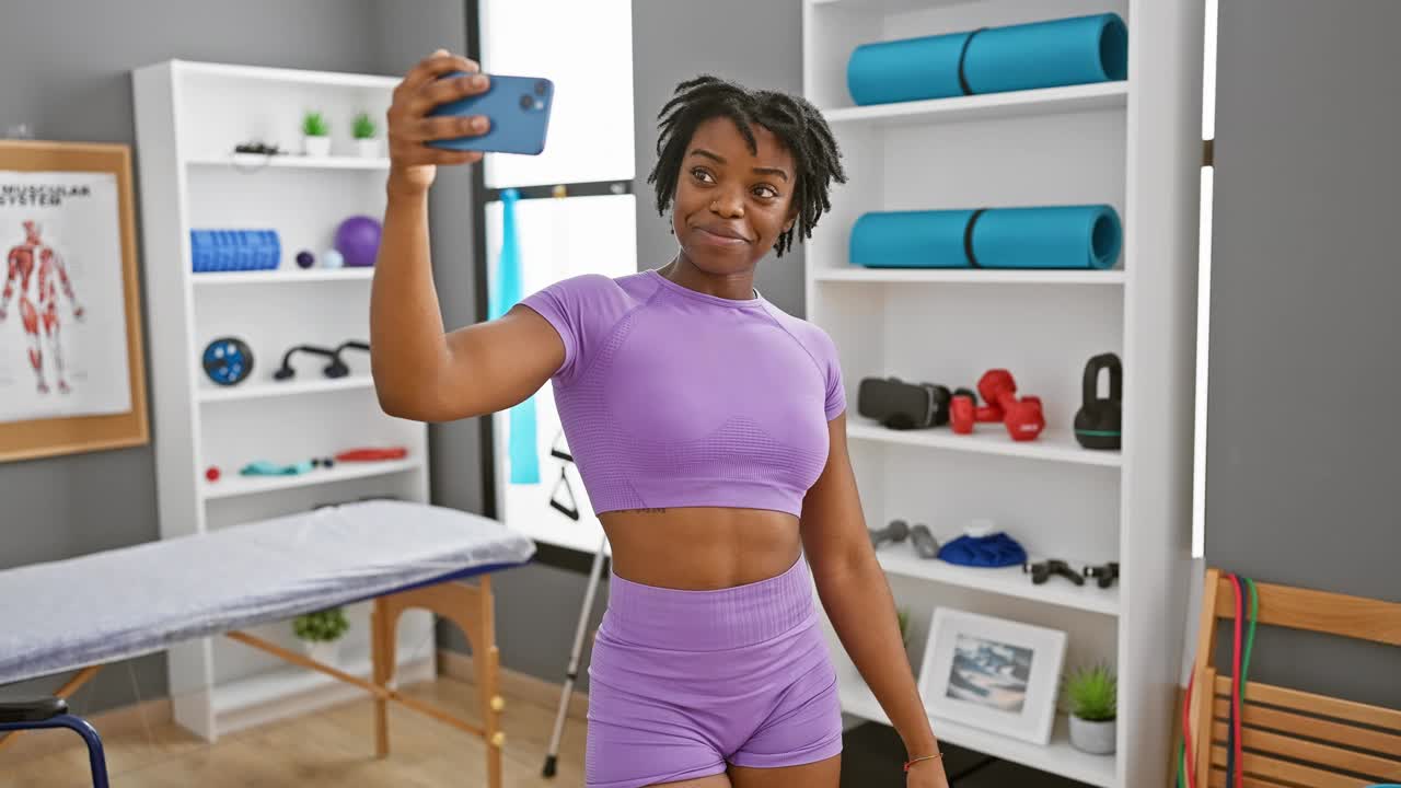 一位留着脏辫的年轻非裔美国女性在诊所的康复室自拍，展示自己的健康。视频下载