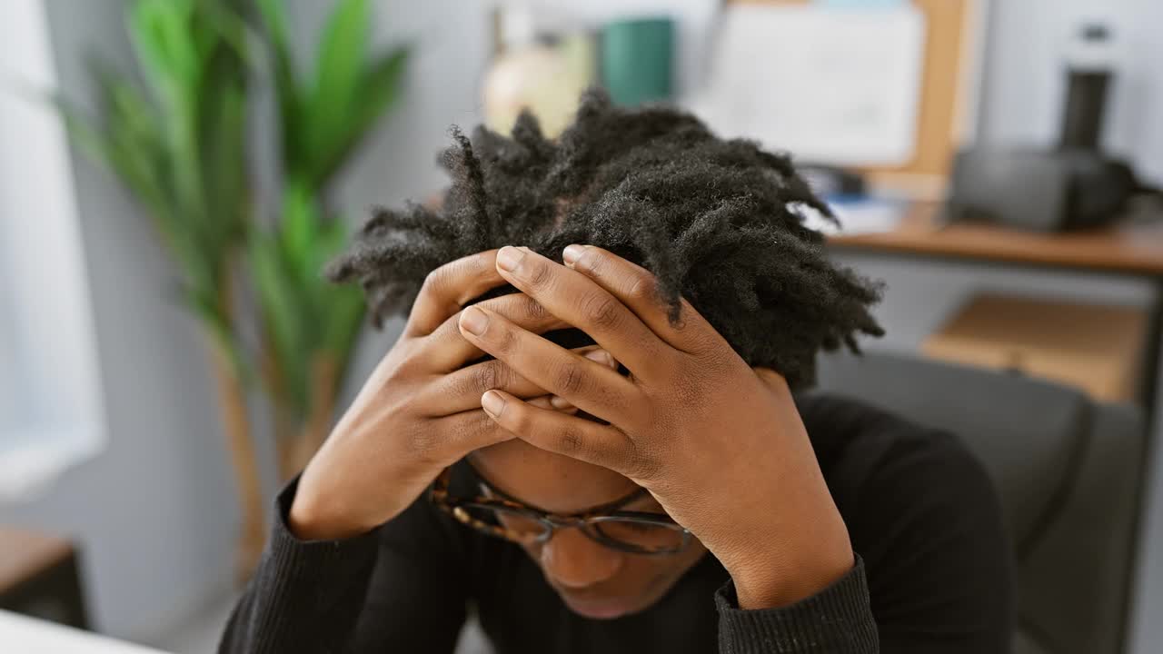 年轻紧张的非裔美国妇女，在办公室里梳着脏辫，抚摸着头和脸，表达着关切和疲劳。视频下载