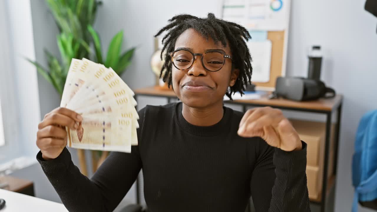 留着脏辫、面带微笑的年轻黑人女性，在办公室里高兴地拿着丹麦克朗钞票，友好地做了一个“ok”的手势，表示她取得了巨大的成功!视频下载