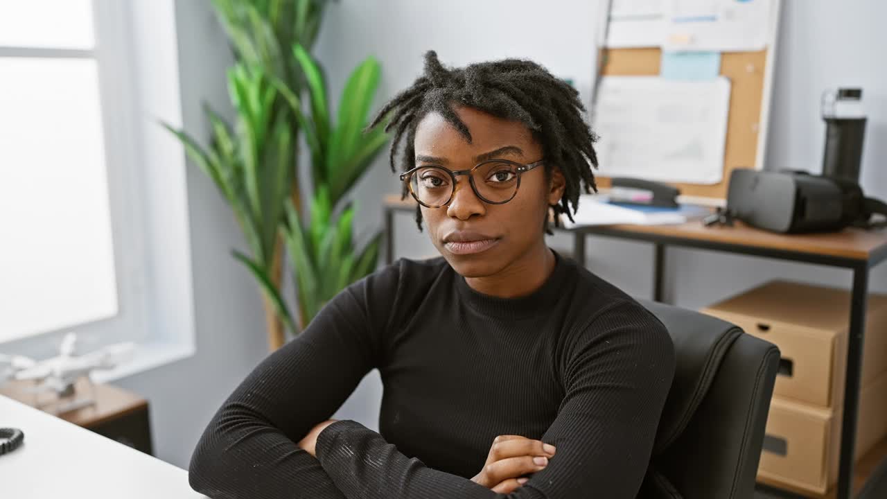 留着脏辫的年轻黑人女性，一个消极的怀疑论者，在办公室里紧张地在笔记本电脑前工作，皱着眉头，为一个问题而烦恼视频下载