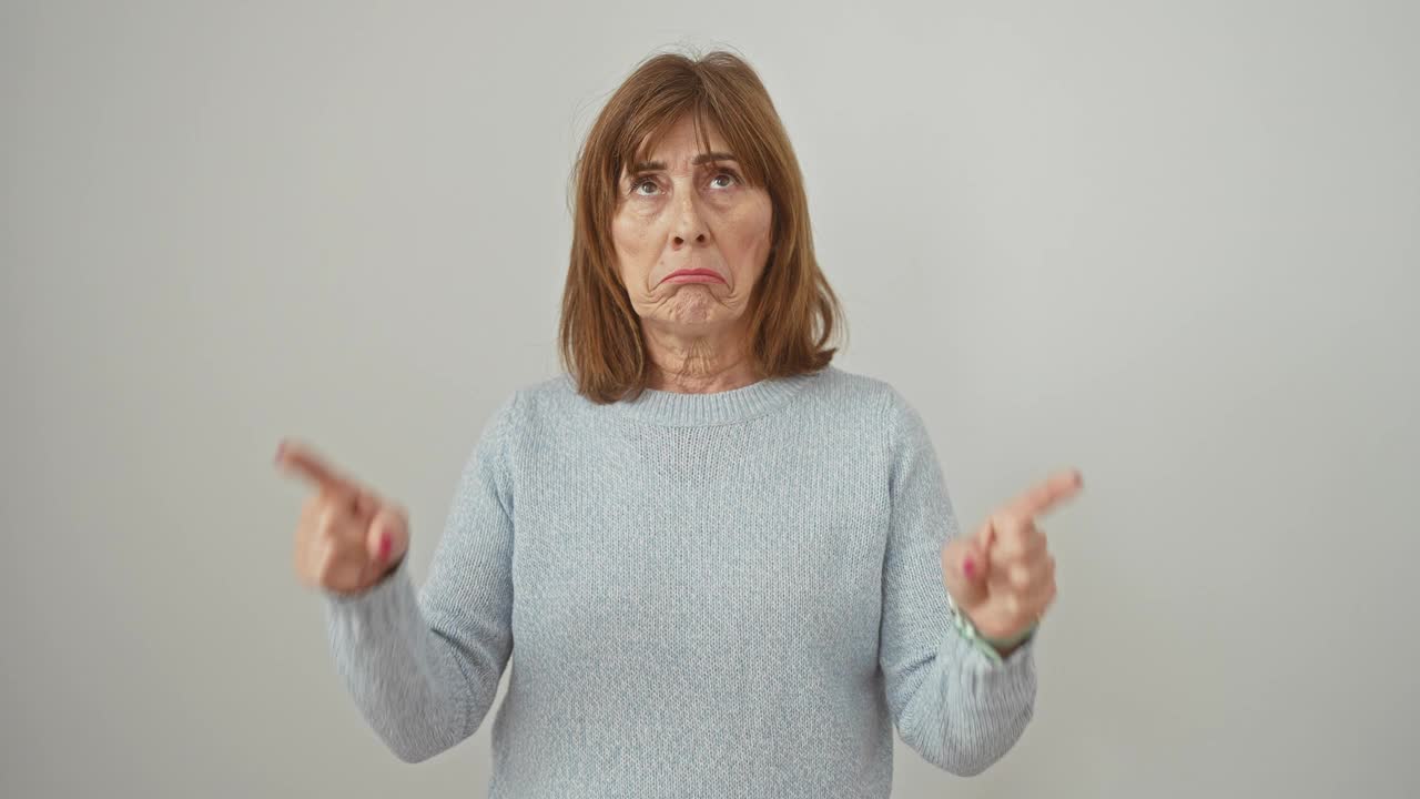 忧郁的中年妇女，穿着一件毛衣，悲伤地向上指着手指，孤立地站在白色的背景上，看起来不开心，心烦意乱。视频下载