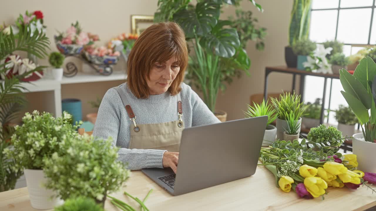 一个成熟的女人在花店工作了一段时间，周围有植物和鲜花，她很累，合上了笔记本电脑。视频下载