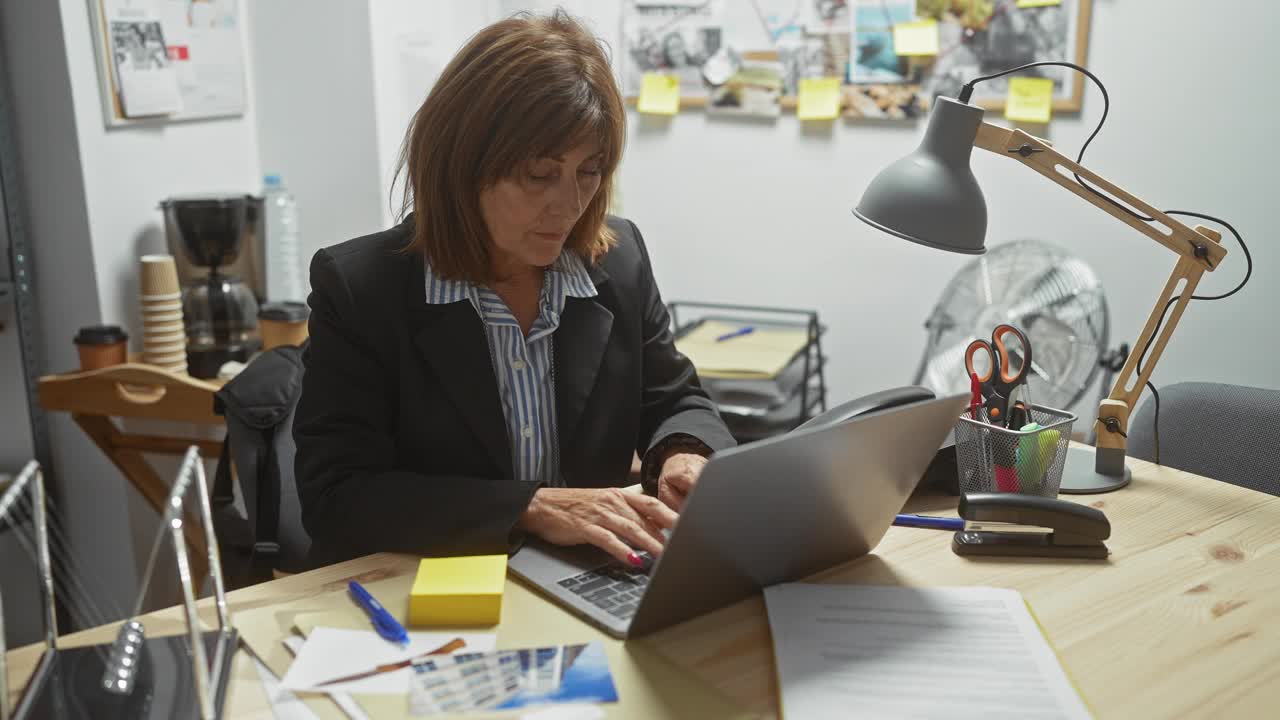 成熟的女性在办公室办公桌上用笔记本电脑工作，做笔记，专注于她的任务在室内。视频下载