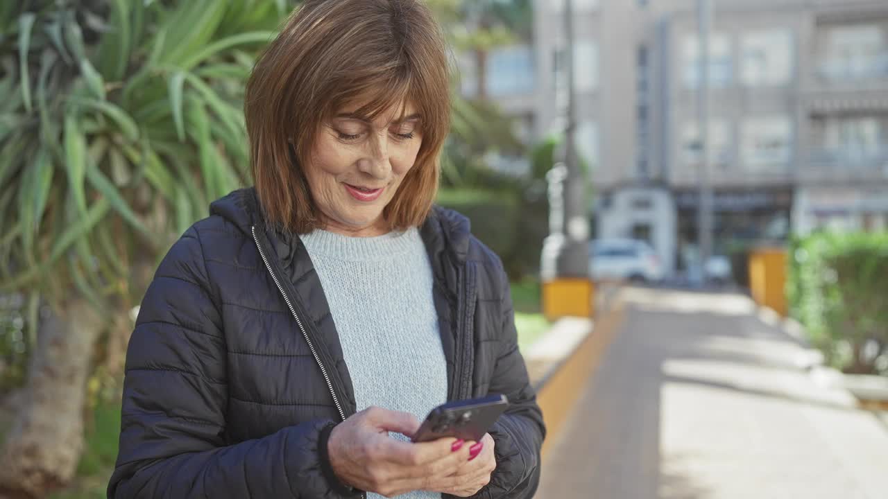 一位面带微笑的中年妇女在户外看她的智能手机，她的兴奋贯穿了她反应的各个阶段。视频下载