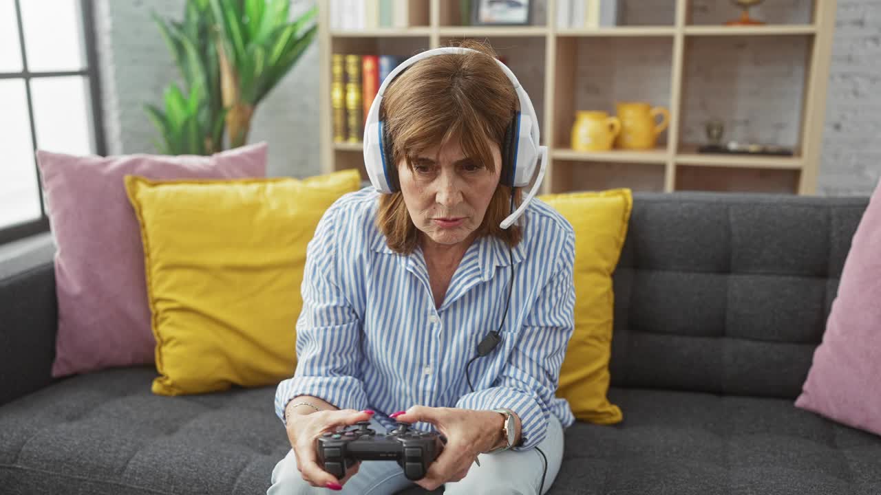 中年妇女戴着耳机在沙发上玩游戏，在客厅里表现出沮丧。视频下载