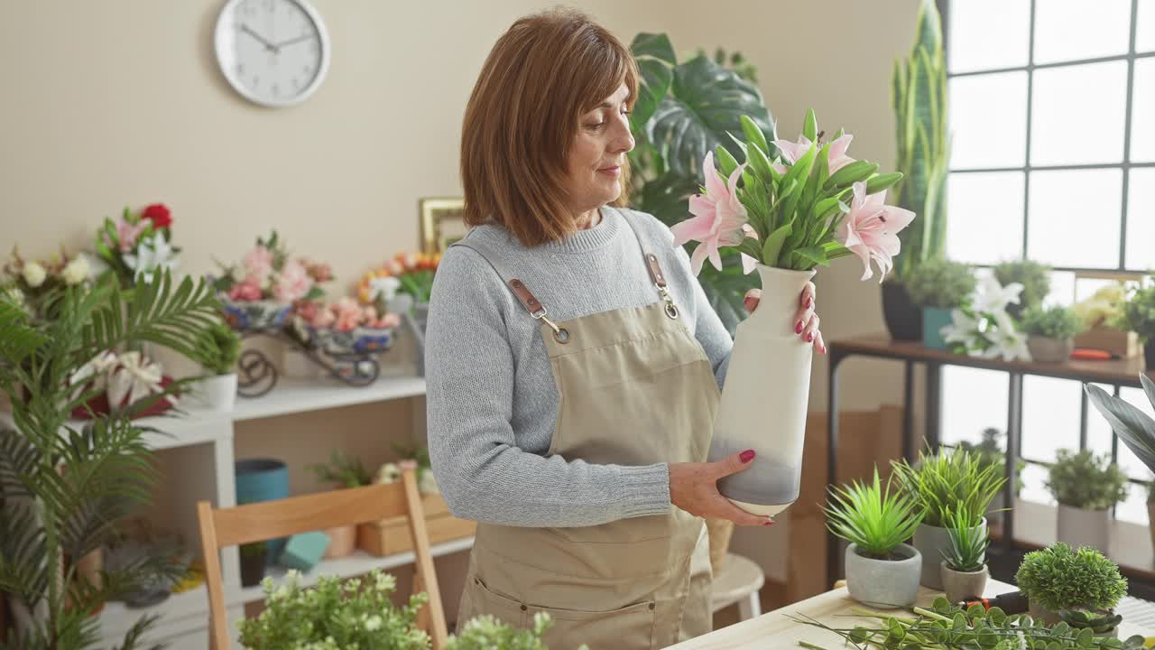 一个成熟的女人在明亮的花店里把粉红色的百合花插在花瓶里视频下载