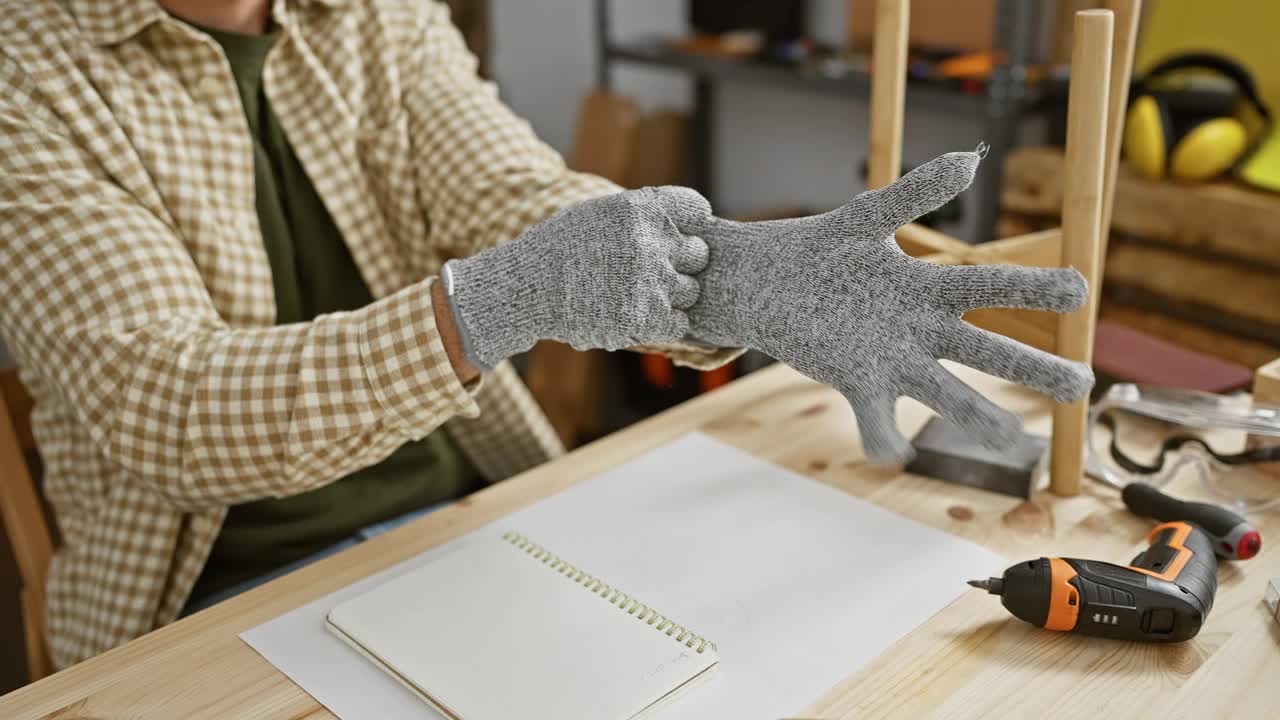 一名戴手套的男子在木工车间工作，摆弄木制家具和工具视频下载