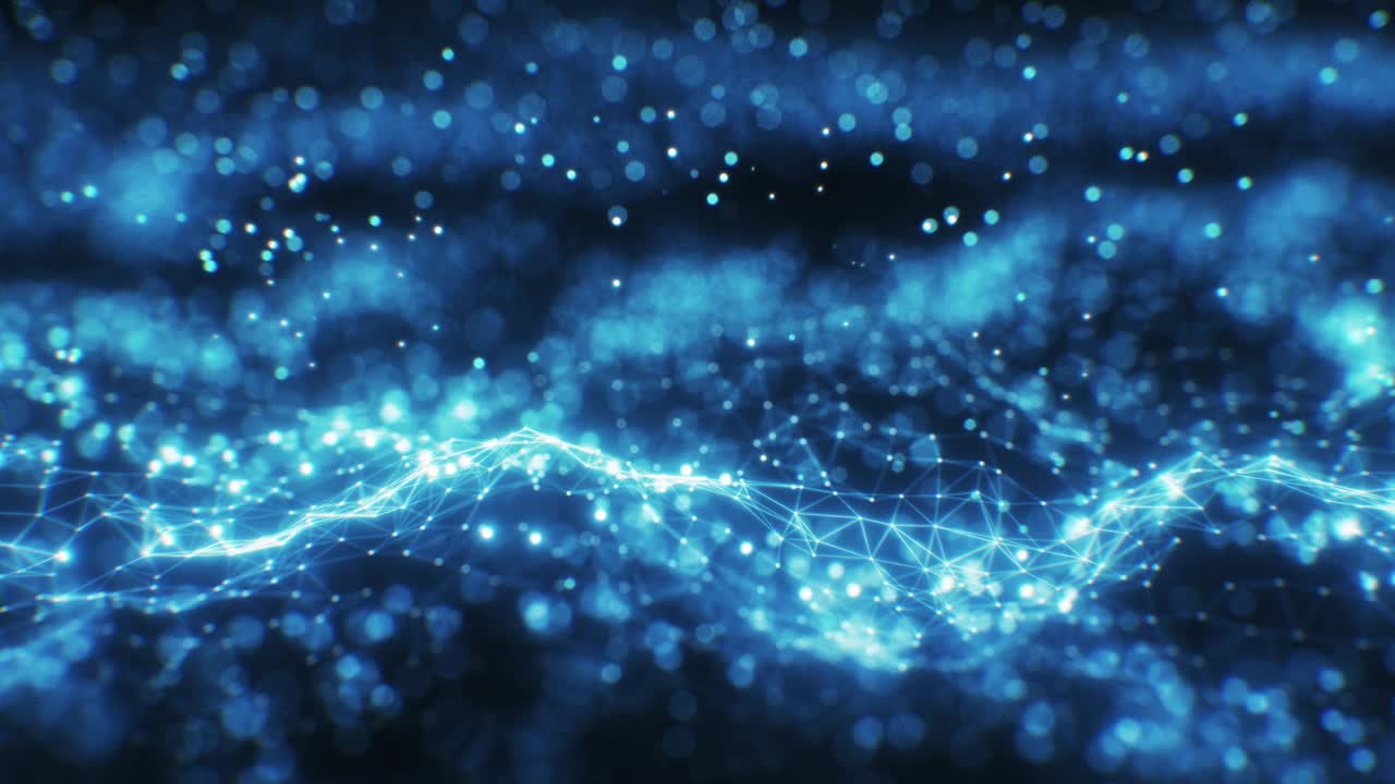 网络空间中的数字网络表面波动。人工智能生成过程说明。在DOF模糊波模式蓝点和线。技术概念视频下载