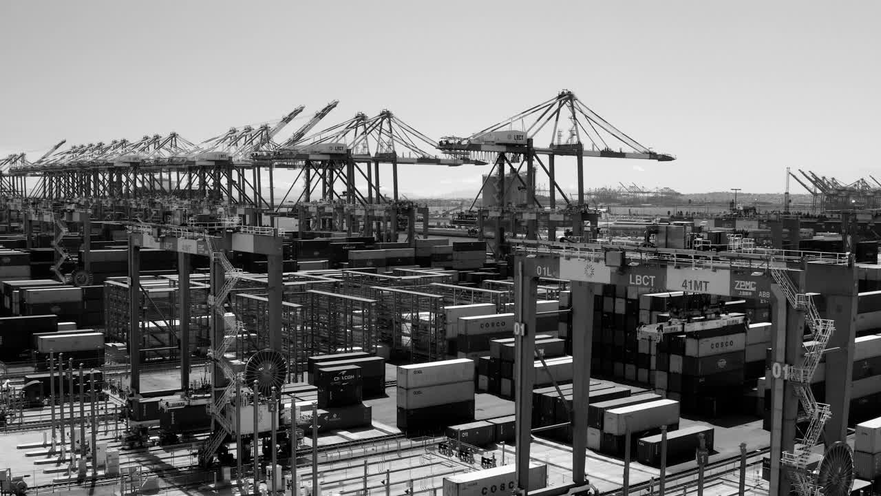 慢动作平移无人机拍摄长滩港的黑白视频下载