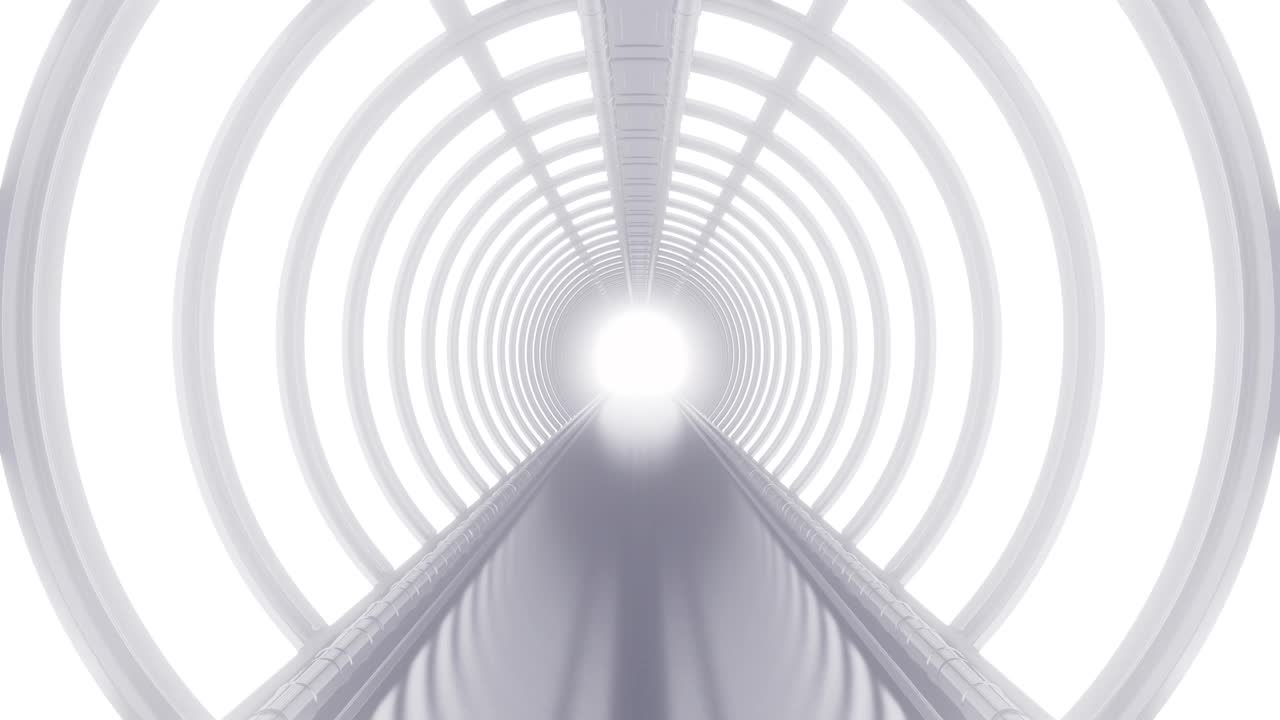 带有明亮霓虹灯元素的白色未来主义圆形走廊。现代空无限3d动画。视频下载