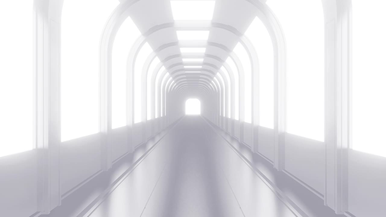 白色的未来主义走廊与明亮的霓虹灯元素。现代空无限3d动画。视频下载