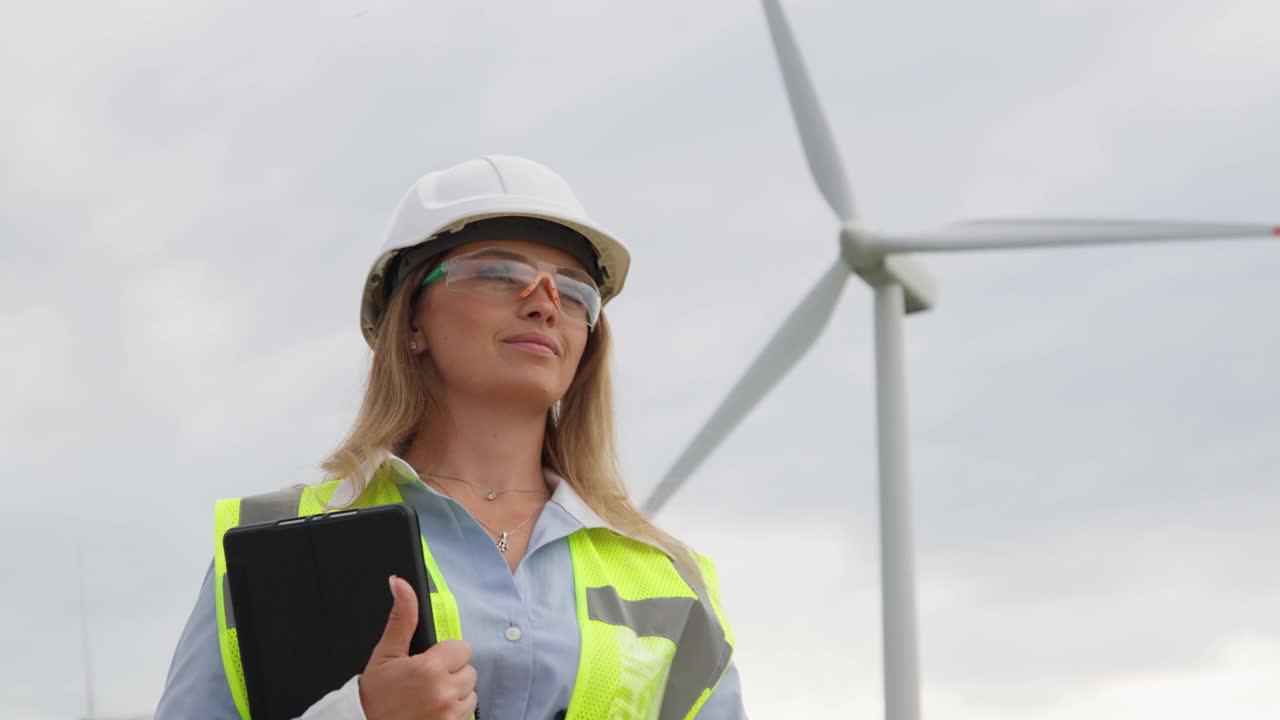 一名女工程师拿着数码平板电脑分析风能数据，探索利用风能创造稳定和可持续能源的潜力。视频下载