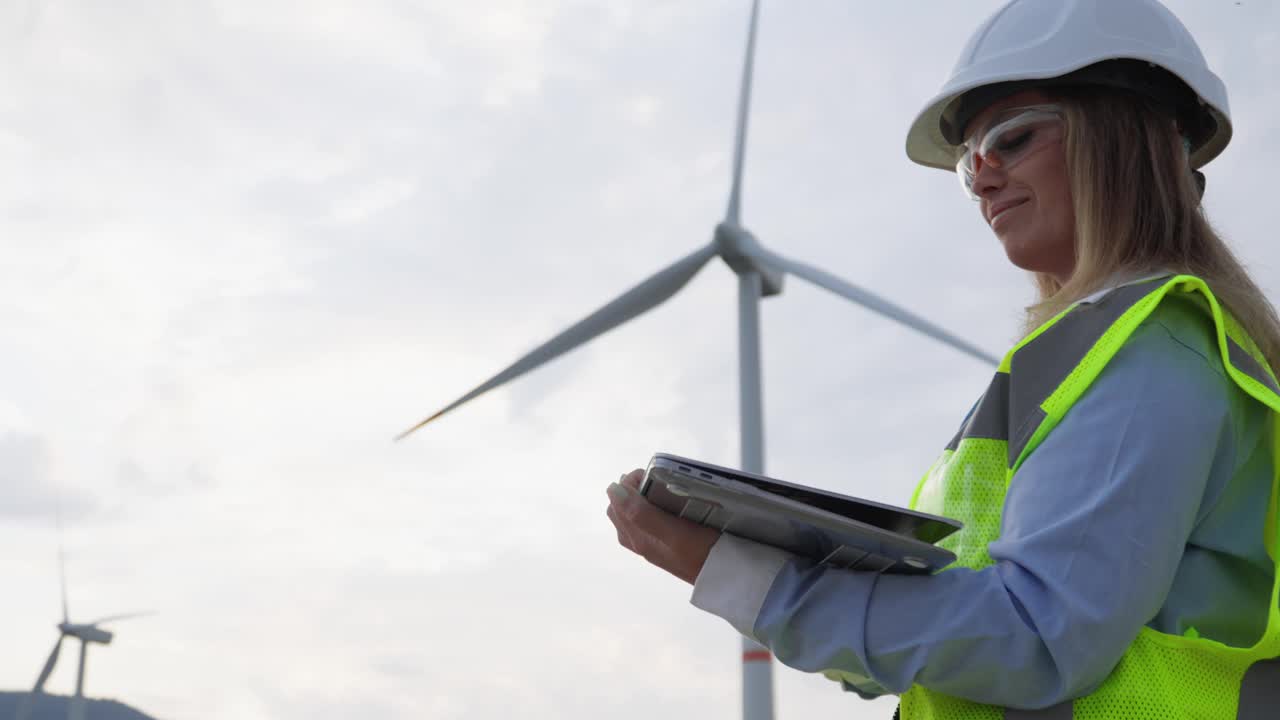一名女工程师观察风力涡轮机的运行，监测绿色能源的生产和环境的可持续性。视频下载