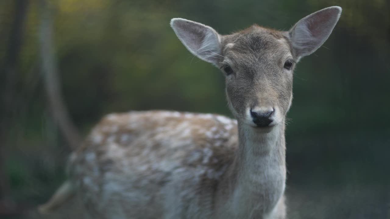 白尾鹿小鹿(odocoileus virginianus)站着看着镜头，慢动作视频下载