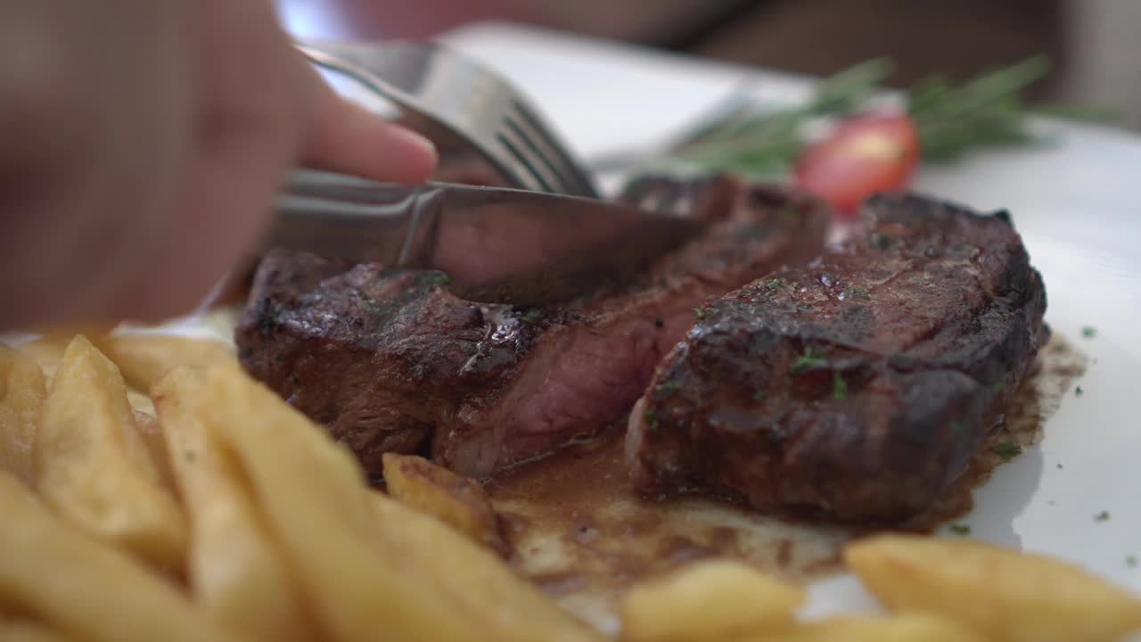 异国野味肉牛排斑马烧烤食物配薯条南非土特产餐视频下载
