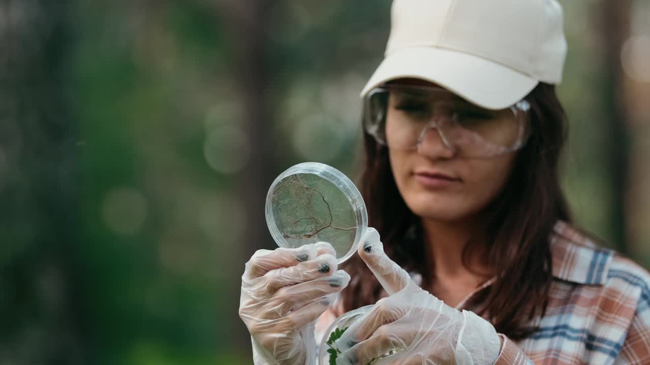 女科学家生物学家研究员在试管实验室测试幼苗植物。生物农业研究基因工程实验室。科学家分析树叶，研究植物群视频下载