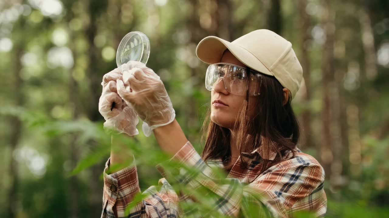在树木繁茂的地区，生态学家采集植物样本，并将它们放在一个容器中，以便在实验室进行研究。环境和生态系统概念。生物活动。视频下载
