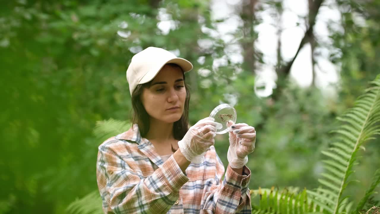 一位生物学家正在用放大镜观察有病虫叶子的植物。收集数据进行分析。有机农业的概念。近距离视频下载