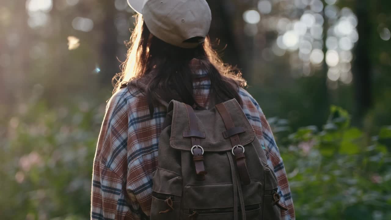 一个女孩走过一片天然森林。这个女人独自旅行。积极的生活方式。森林里的人。游客在秋天的森林公园里散步视频下载