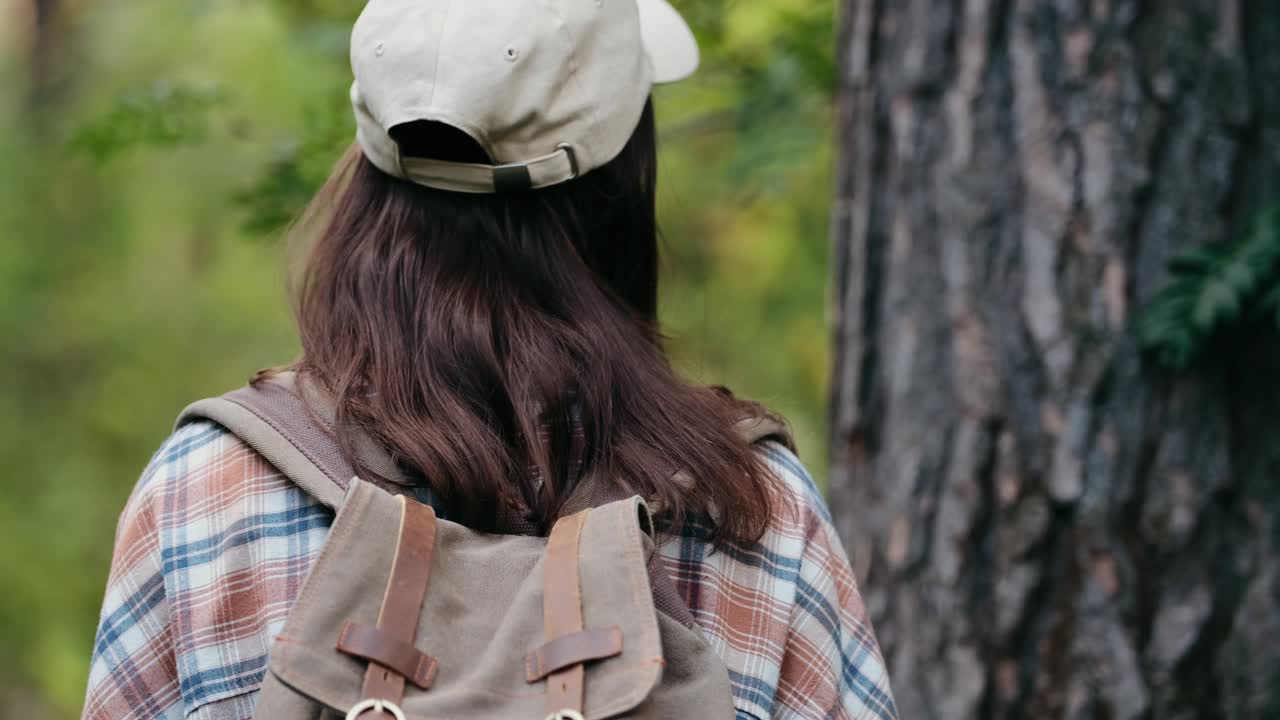 一个女孩走过一片天然森林。这个女人独自旅行。积极的生活方式。森林里的人。游客在秋天的森林公园里散步视频下载