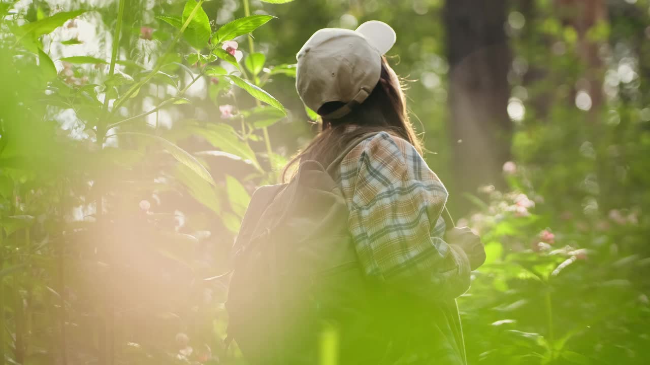 年轻的白人妇女背着背包在森林里旅行。这个女孩在大自然中感到清新、美妙、兴奋和放松。慢动作视频下载