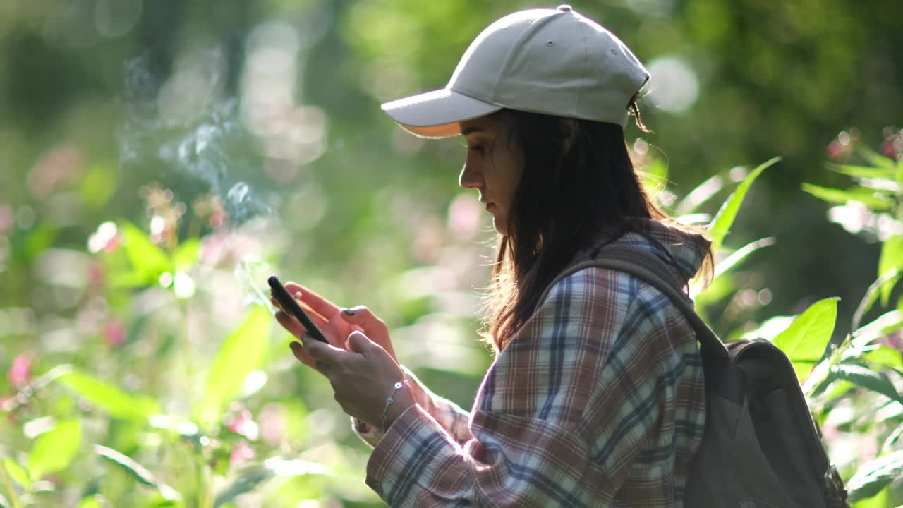 在森林里徒步旅行的女人。一个背着背包的女孩看着她的手机，在森林里抽烟。吸烟危害健康的概念视频下载