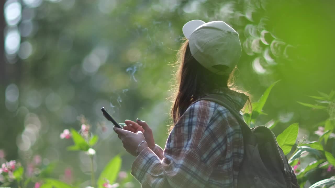 在森林里徒步旅行的女人。一个背着背包的女孩看着她的手机，在森林里抽烟。吸烟危害健康的概念视频下载