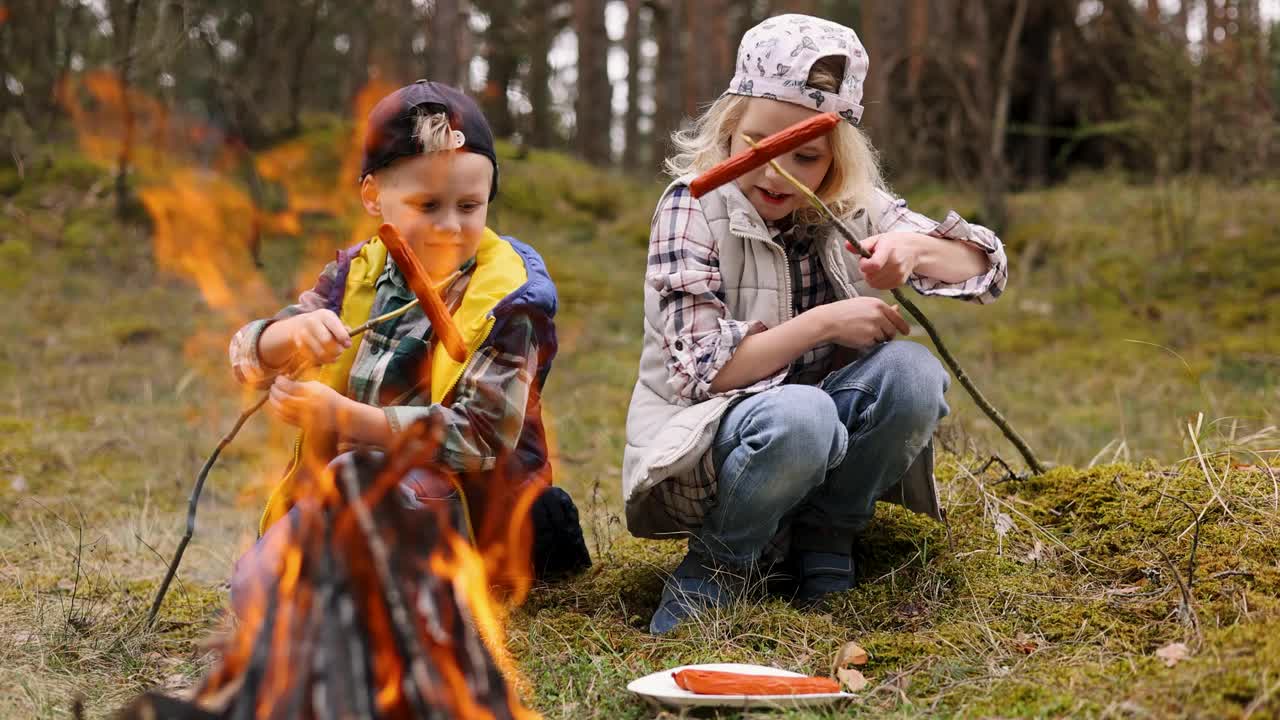 孩子们把香肠串在串上，在森林里的篝火上烤。和孩子们一起露营视频下载