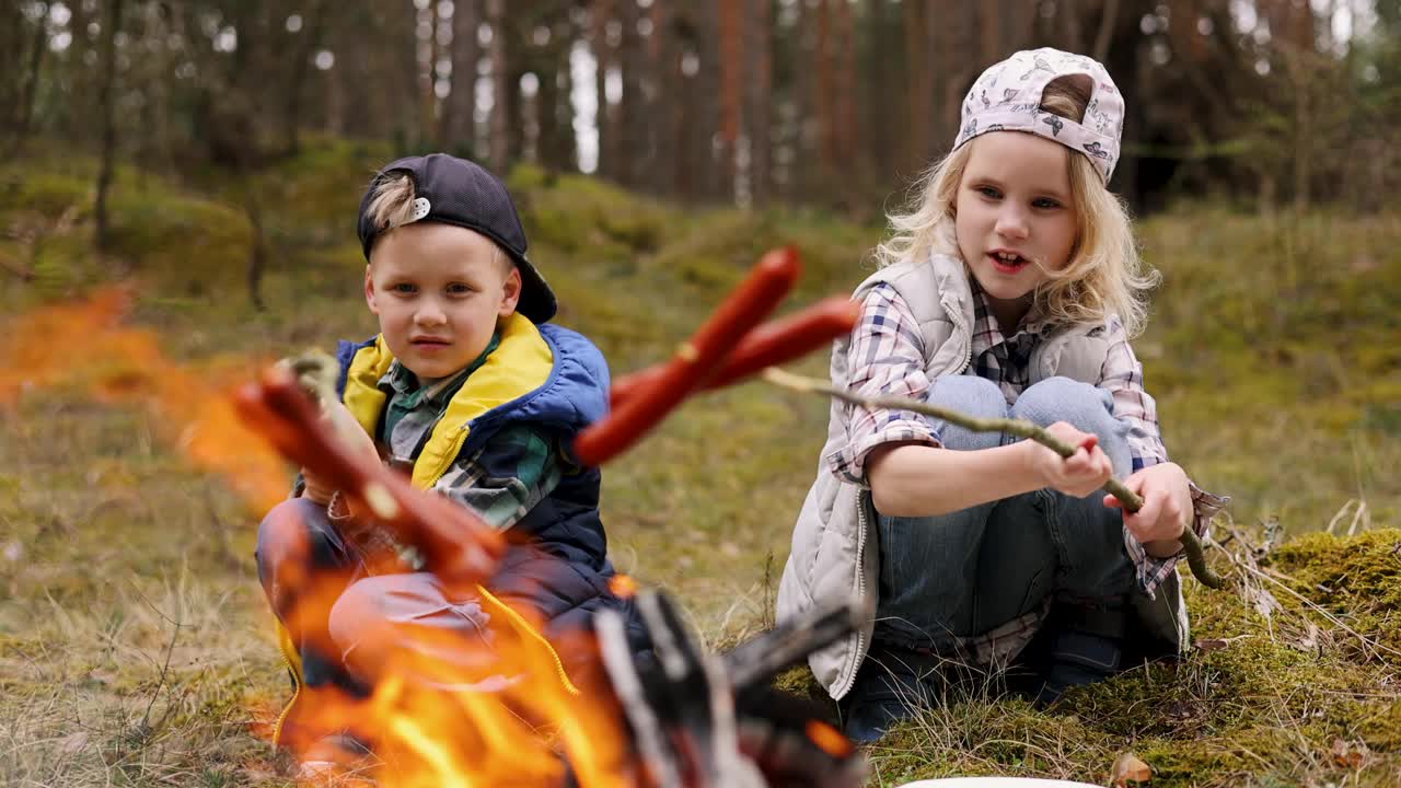 孩子们在森林里的篝火上烤香肠。和孩子们一起露营视频下载