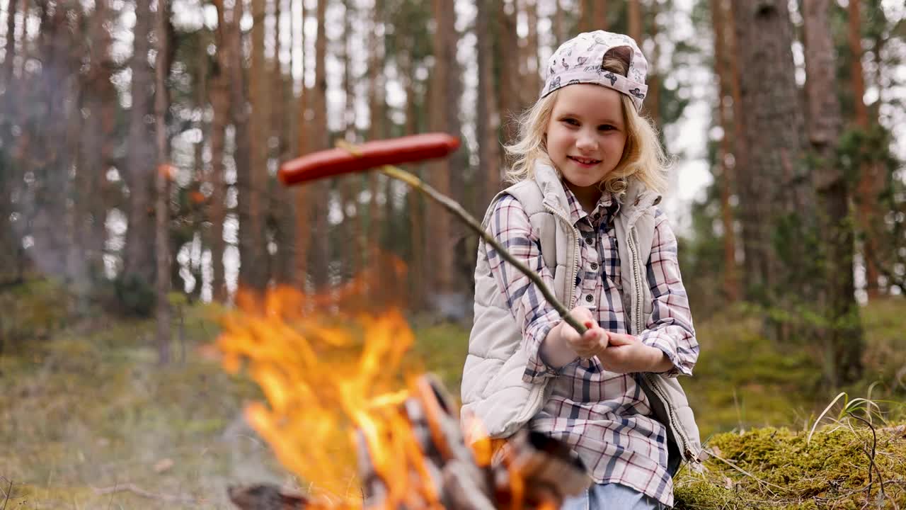 小女孩在森林里的篝火上煎香肠。户外探险视频下载
