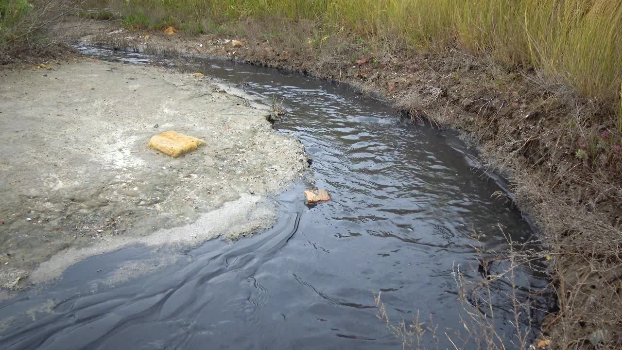 一条带着肮脏黑水的小河流入一处天然水体。视频下载