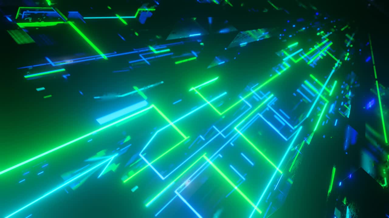 在蓝绿色的霓虹灯下飞越科技网络空间。穿越高科技隧道的科幻飞行。辉光线形成类似科幻全息图的图案。3d循环4k明亮背景。数据流视频下载