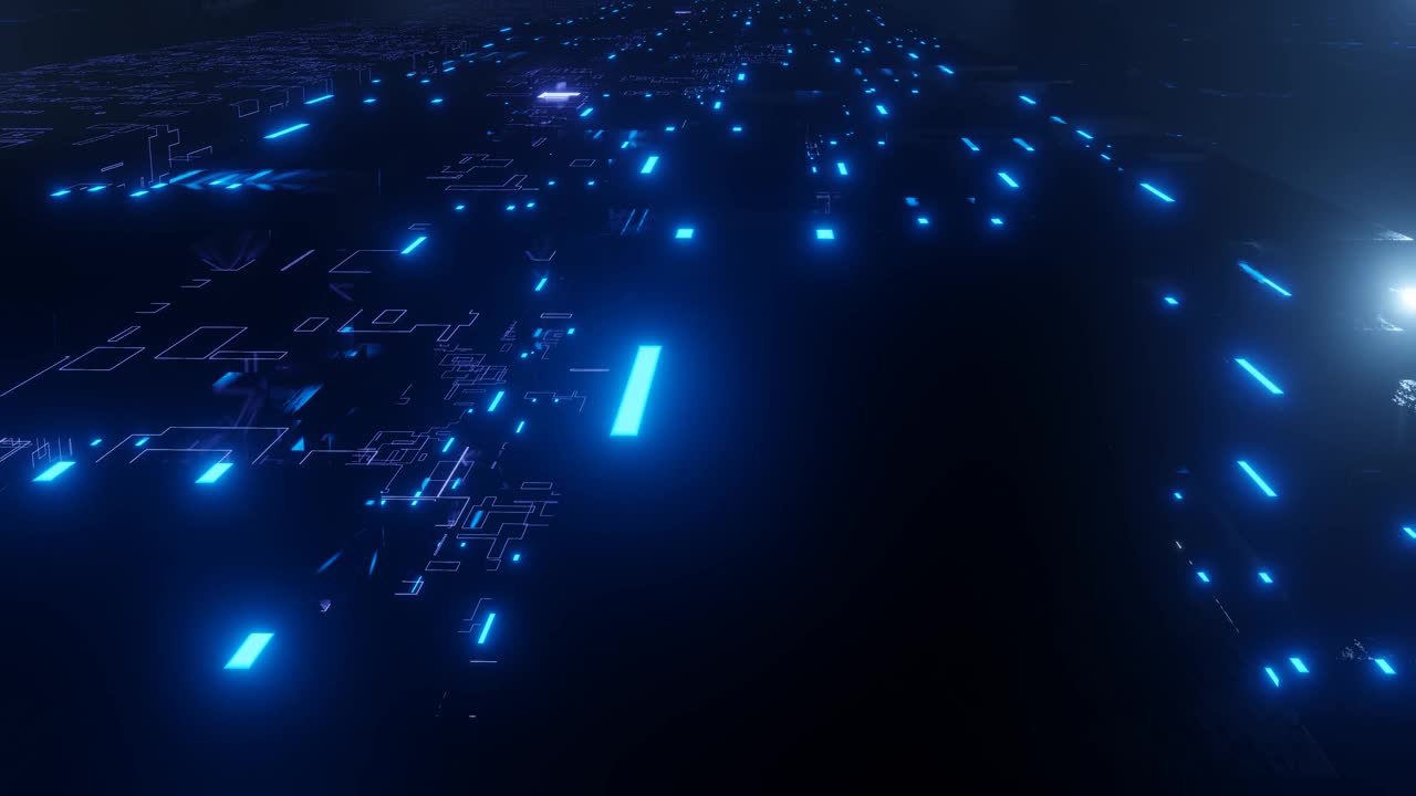 辉光线形成类似科幻全息图的图案。用蓝色的霓虹灯在科技的网络空间里飞翔。穿越高科技隧道的科幻飞行。3d循环无缝4k明亮背景。数据流视频下载