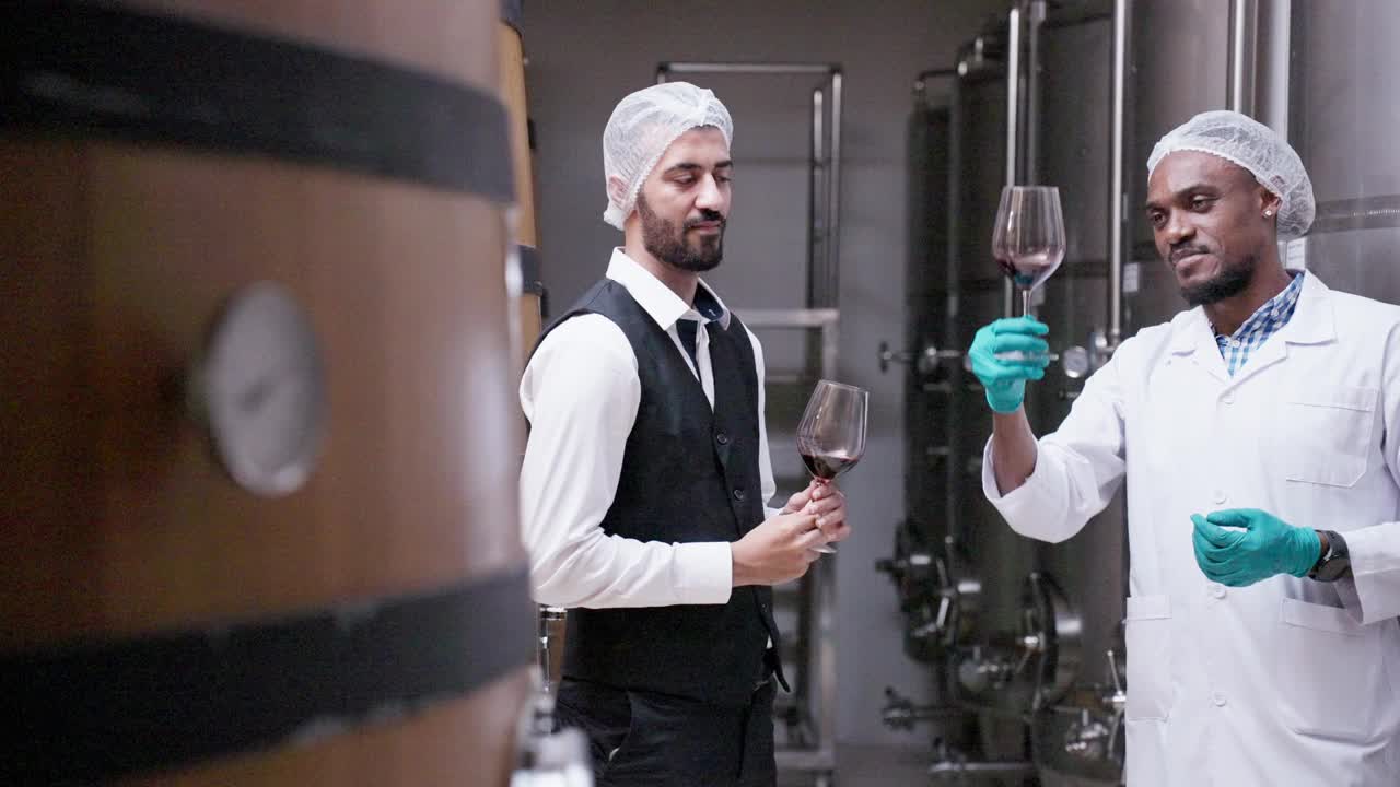 中年男性侍酒师和一名身穿白色大褂的非洲黑人男性研究员，通过轻轻摇晃和观察颜色，仔细检查发酵罐生产的红酒的质量，确保了葡萄酒的最高标准。视频下载