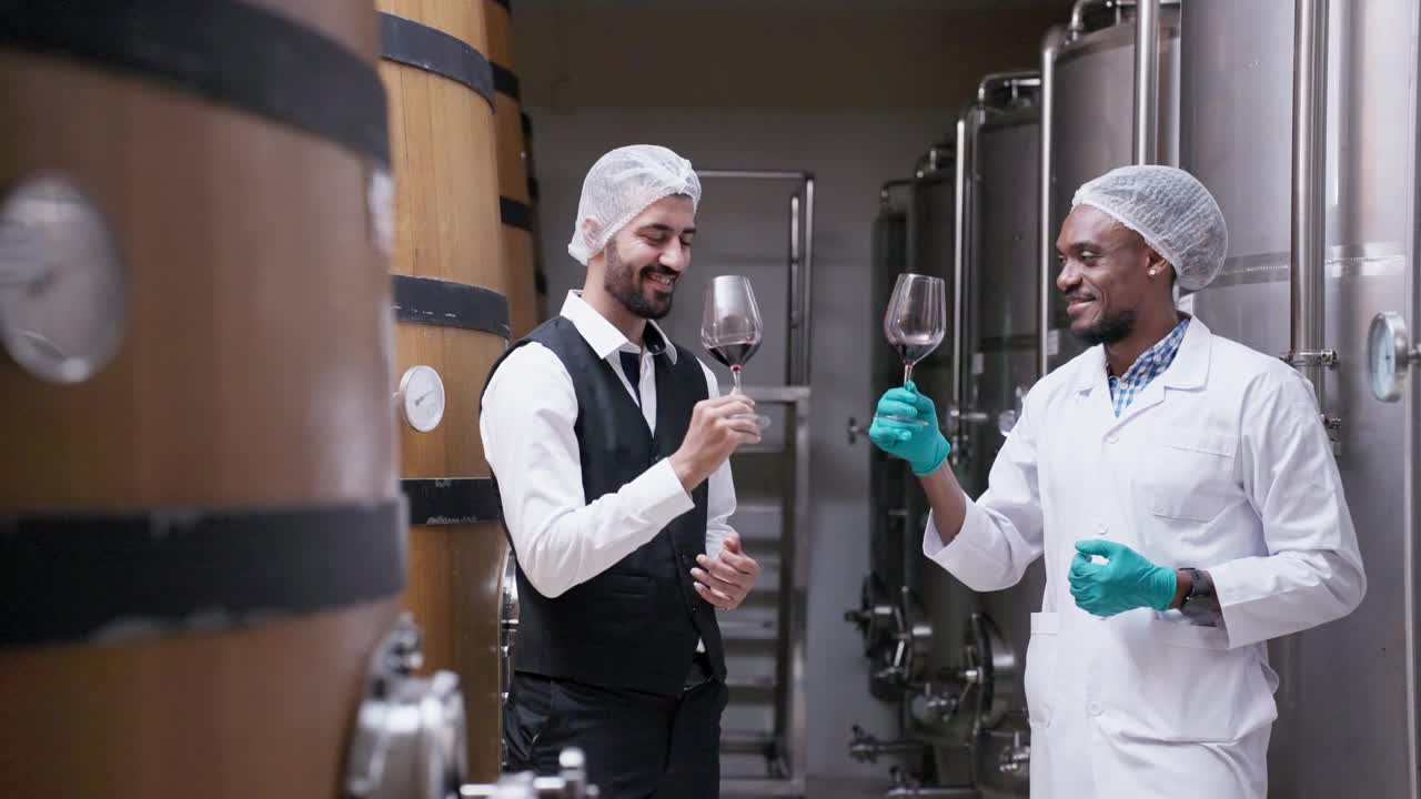 穿着实验室大褂的非洲黑人研究员和专业的拉丁品酒师一起站在葡萄酒制造工厂的仓库里，通过品尝一杯葡萄酒来验证其完美的口感，以测试红葡萄酒的质量。视频下载