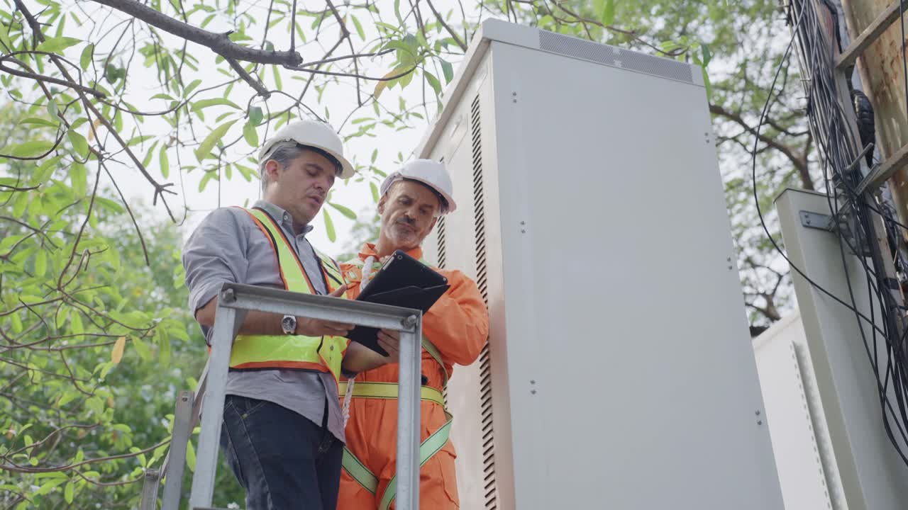 两名穿着防护服的成年男性工程师站在电信塔的工作区域，一边在平板电脑上审查工作细节，一边讨论着检查技术问题的严肃表情。视频下载