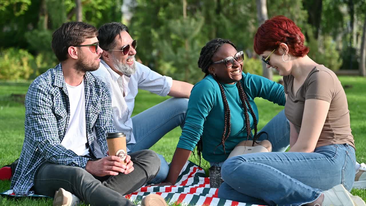 一群不同的朋友在户外野餐，聊天，喝咖啡去视频素材