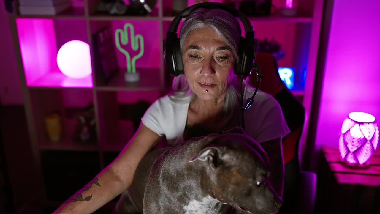 快乐的白发中年女主播和她的狗在舒适的家庭办公室庆祝游戏胜利，掌握数字娱乐视频下载