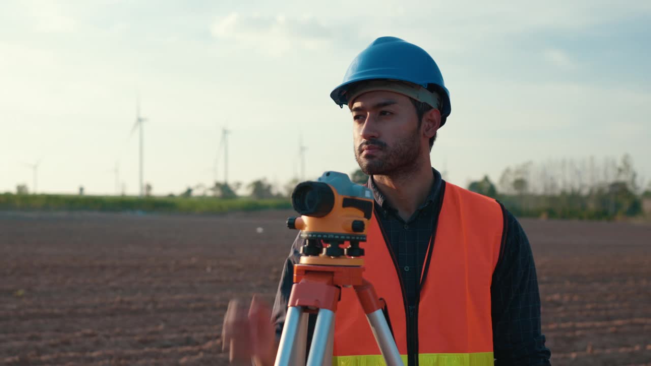 中东专业男性测量师在风力发电厂使用经纬仪视频下载