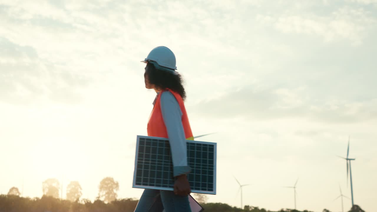 非洲裔美国女工程师在黄昏时分用风力涡轮机评估可再生能源站点，手持太阳能电池板视频下载