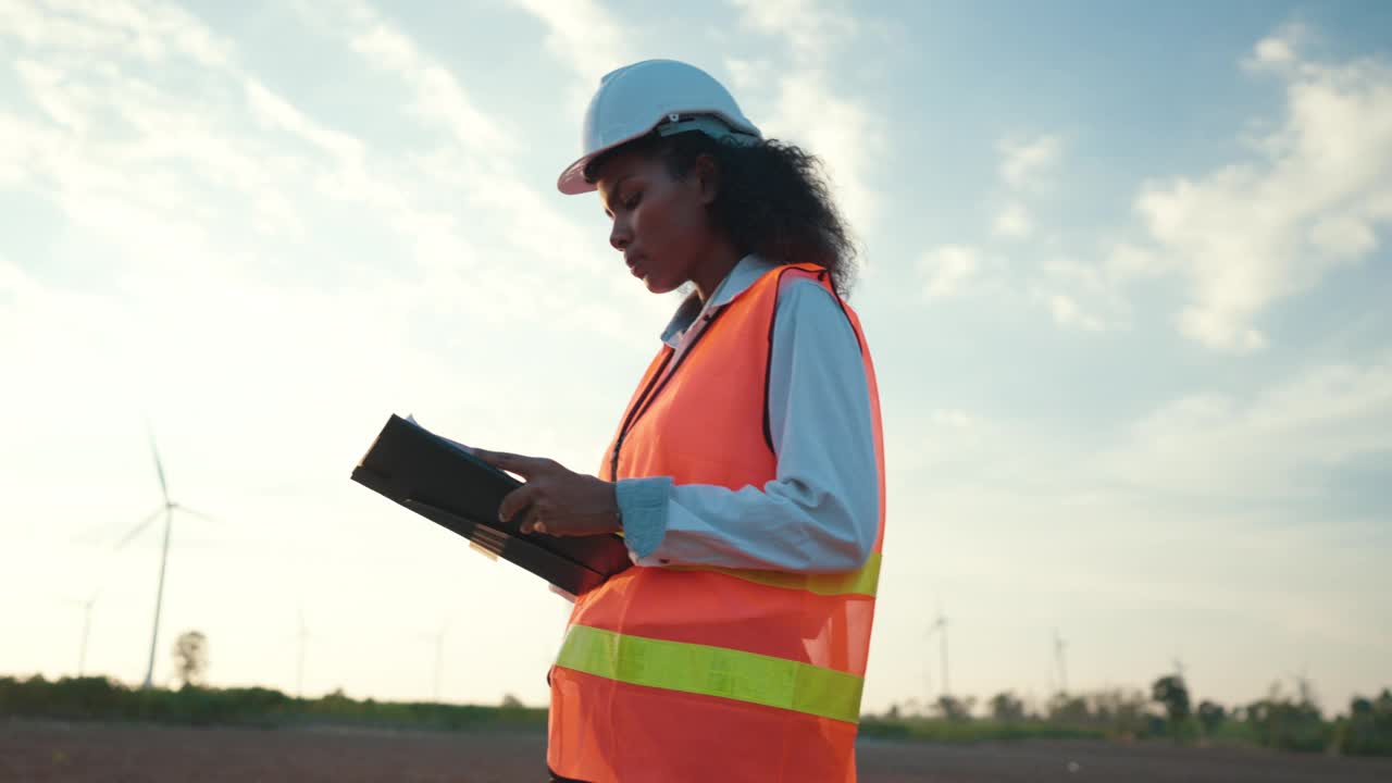 非裔美国女工程师在黄昏时评估风电场效率，带着写字板和安全帽视频下载