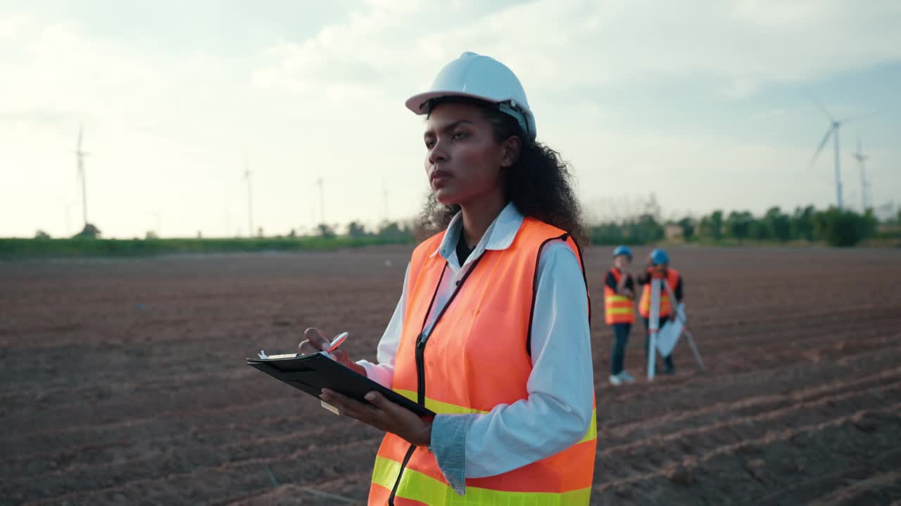 勤奋的非洲女性土木工程师监督可再生能源站点的风力涡轮机项目视频素材