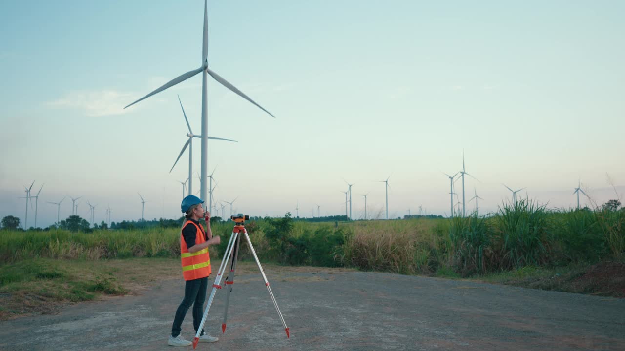 傍晚时分，亚洲女测量工程师在风电场现场测量视频下载