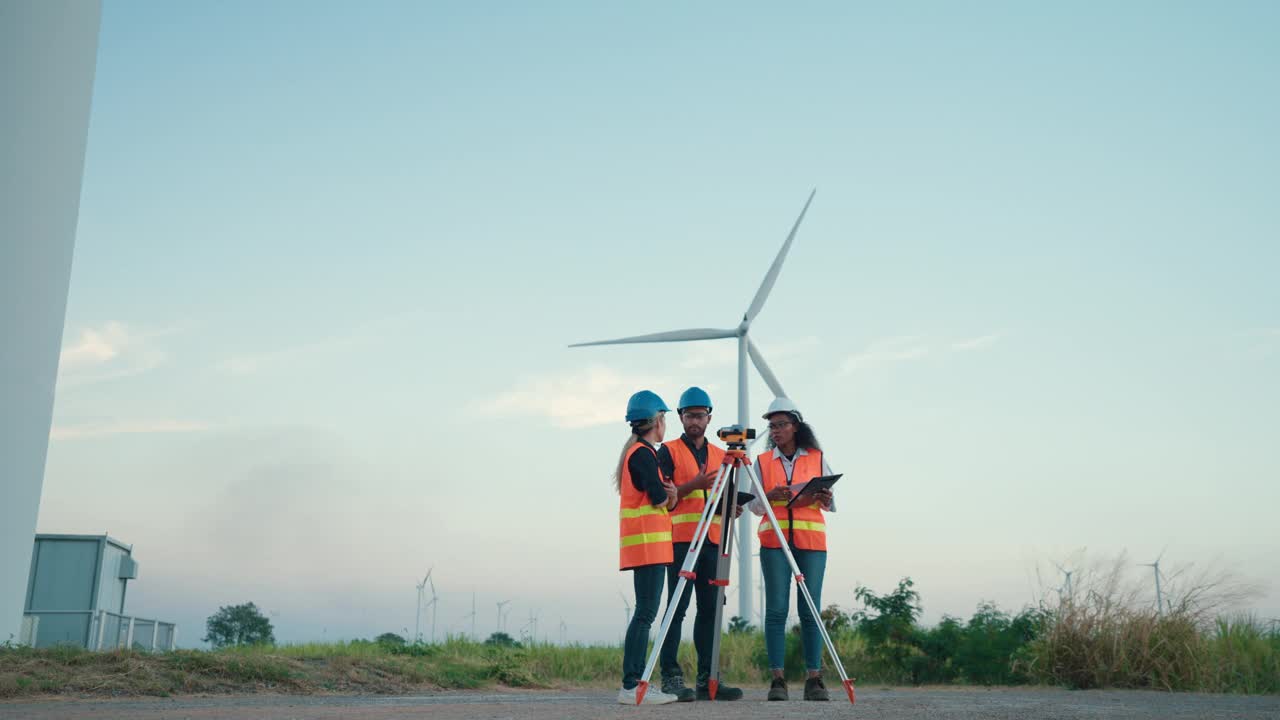 从事风电场现场精密测量的亚洲工程团队视频下载