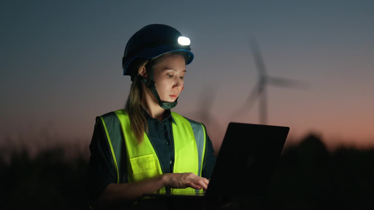 亚洲工程师在黄昏时监督风力发电场的运行，用笔记本电脑收集数据视频下载