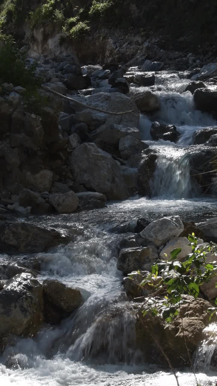 小河在山上的石头和鹅卵石之间流淌。4 k垂直视频下载