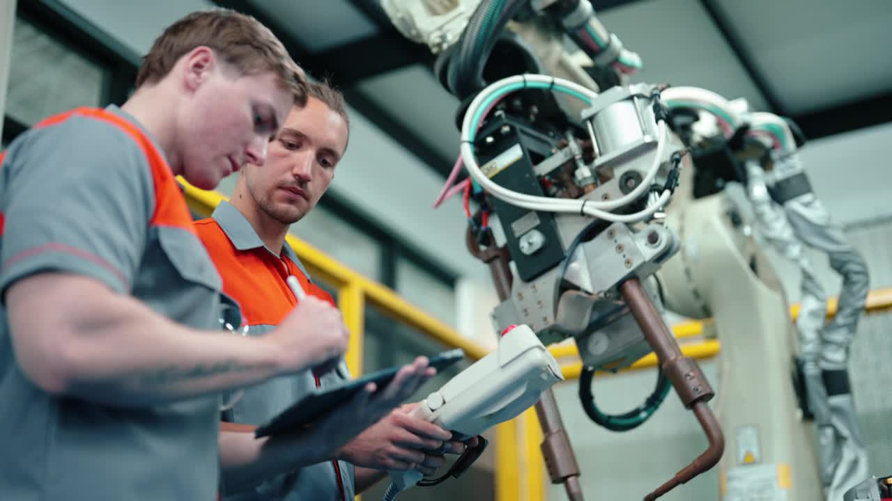 技术协同:工程师在智能工厂规划和校准先进的机器人设备视频下载