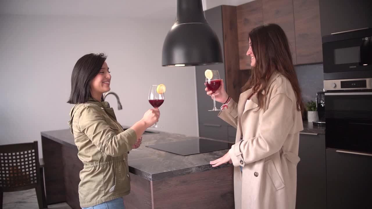 两个女人，一对朋友在厨房家里喝酒，举杯欢呼，有说有笑视频素材
