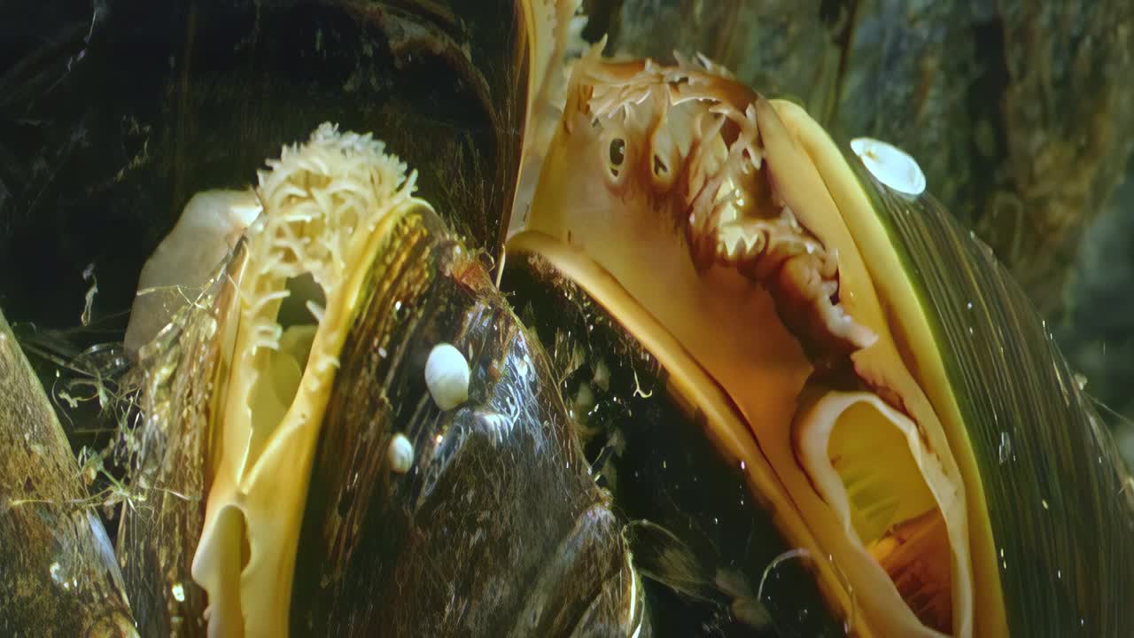白海水下生活中两只扇贝的特写。视频素材