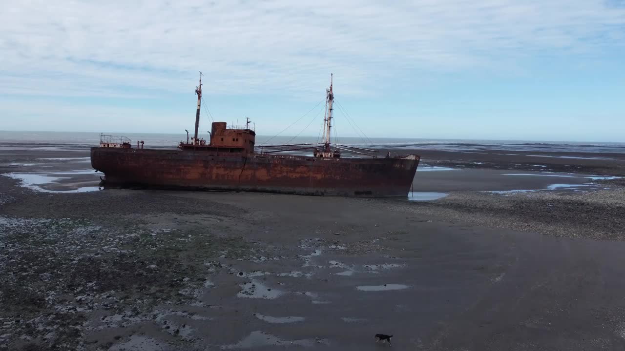 退潮时，一艘生锈的旧船残骸躺在沙滩上，背景是大海视频下载